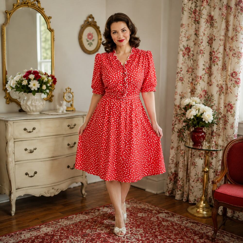 80s VTG Red Polka Dot Dress, Blair Rockabilly Fit Flare 50s Style Shirtwaist - M